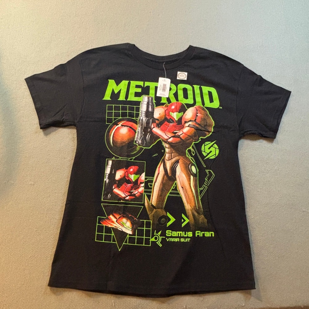 Metroid Samus Aran Varia Suit T Shirt Mens L Black Graphic Nintendo NES Game NWT